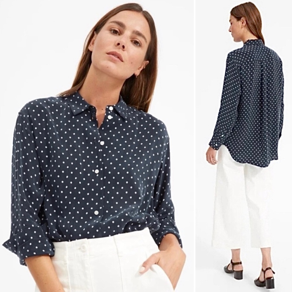 Everlane navy polka dot button down shirt size 2 relaxed fit